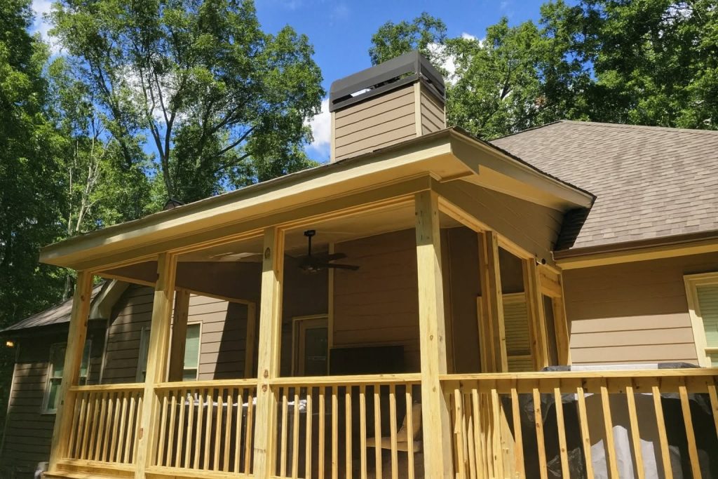 Newly built covered porch in raw pine with a ceiling fan and closely spaced baluster railing