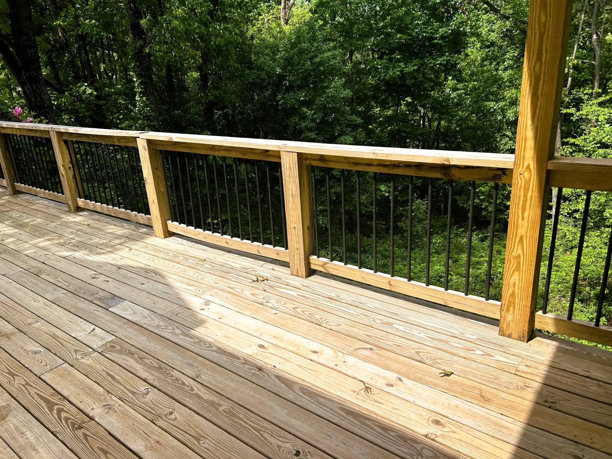 Wide pressure-treated deck with black metal baluster railing in heavy timber frames facing dense summer woods